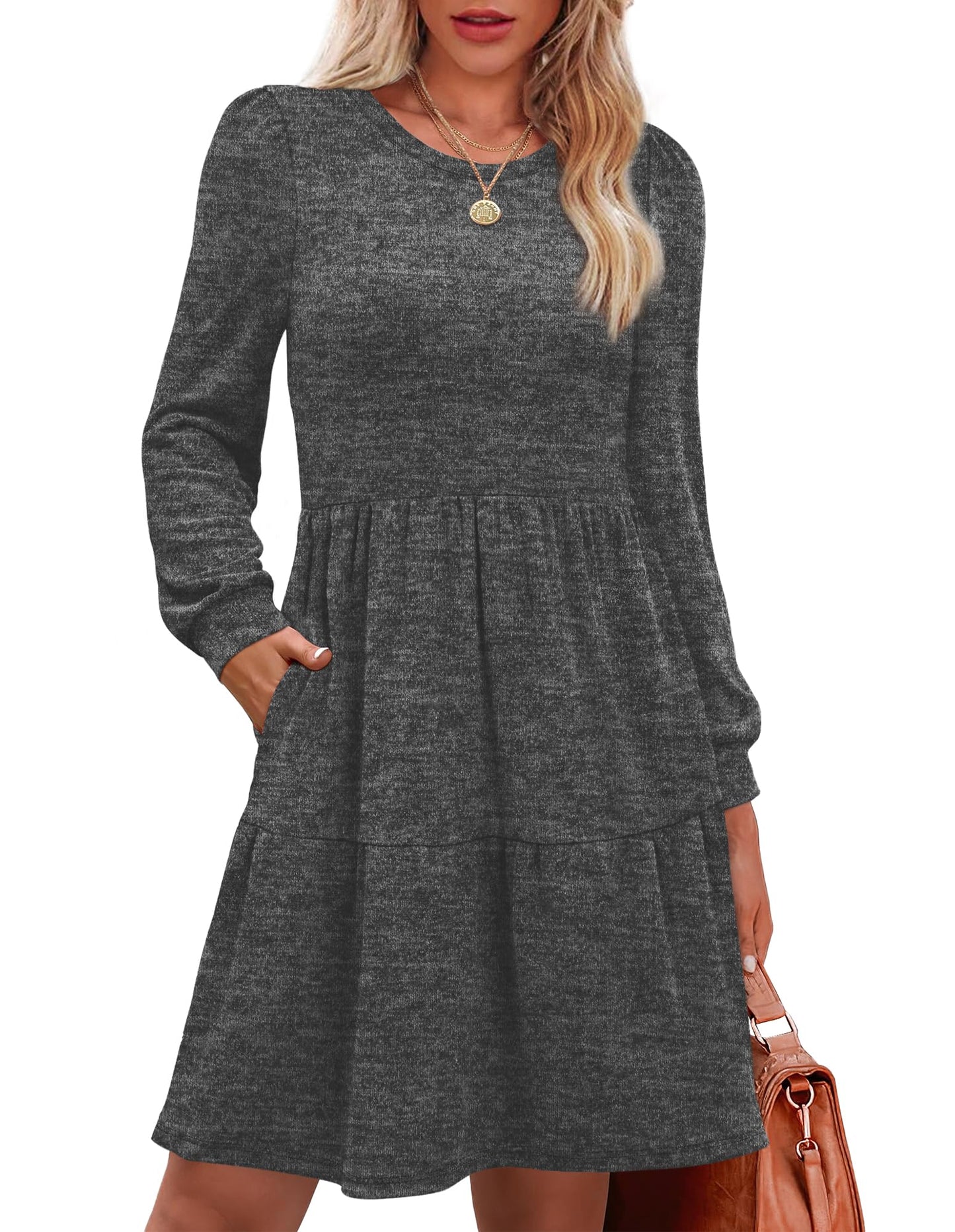 Women's Long Sleeve Fall Dresses with Pockets - Crew Neck Babydoll Casual Dress