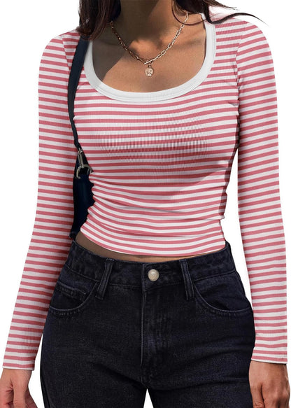 Women's Long Sleeve Scoop Neck Shirt Slim Fit Rib Knit Top Large Rosy Pink Stripe