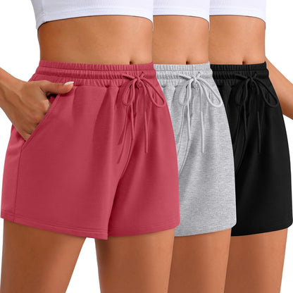 Women Sweat Shorts 3-Pack - High Waist Athletic Lounge Shorts with Pockets Light Gray, Watermelon Red