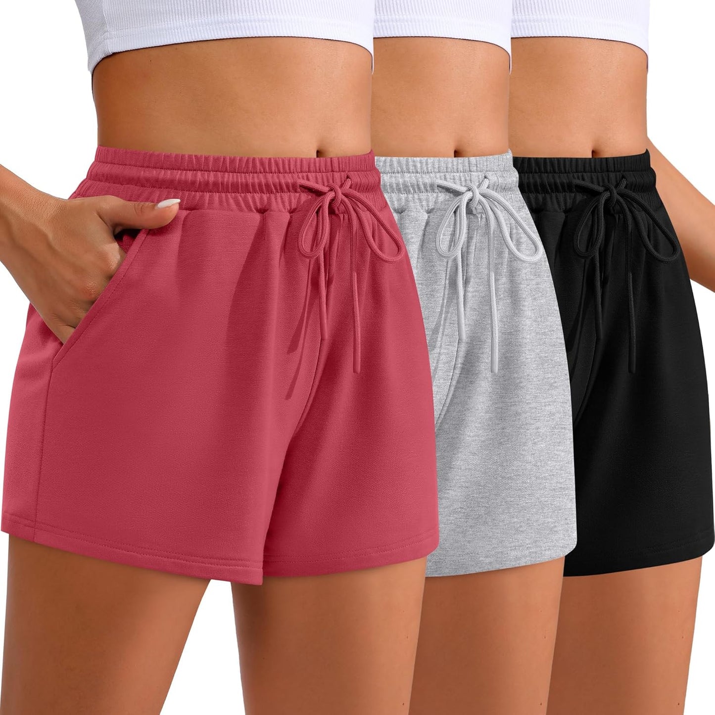 Women Sweat Shorts 3-Pack - High Waist Athletic Lounge Shorts with Pockets Light Gray, Watermelon Red