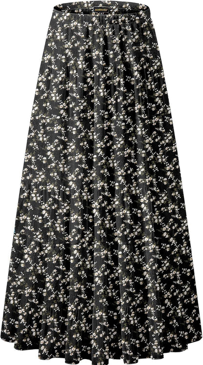 Chiffon Maxi Skirt for Women - High Waist Pleated A-Line Flared Long Skirt Black White Flower