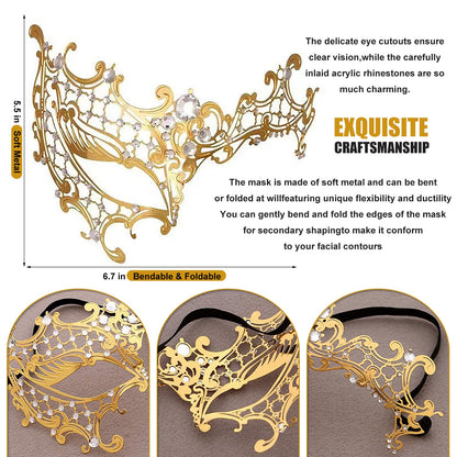 Rhinestone Metal Masquerade Mask for Women - Venetian Party Mask - Elegant Prom Ball Costume Accessory