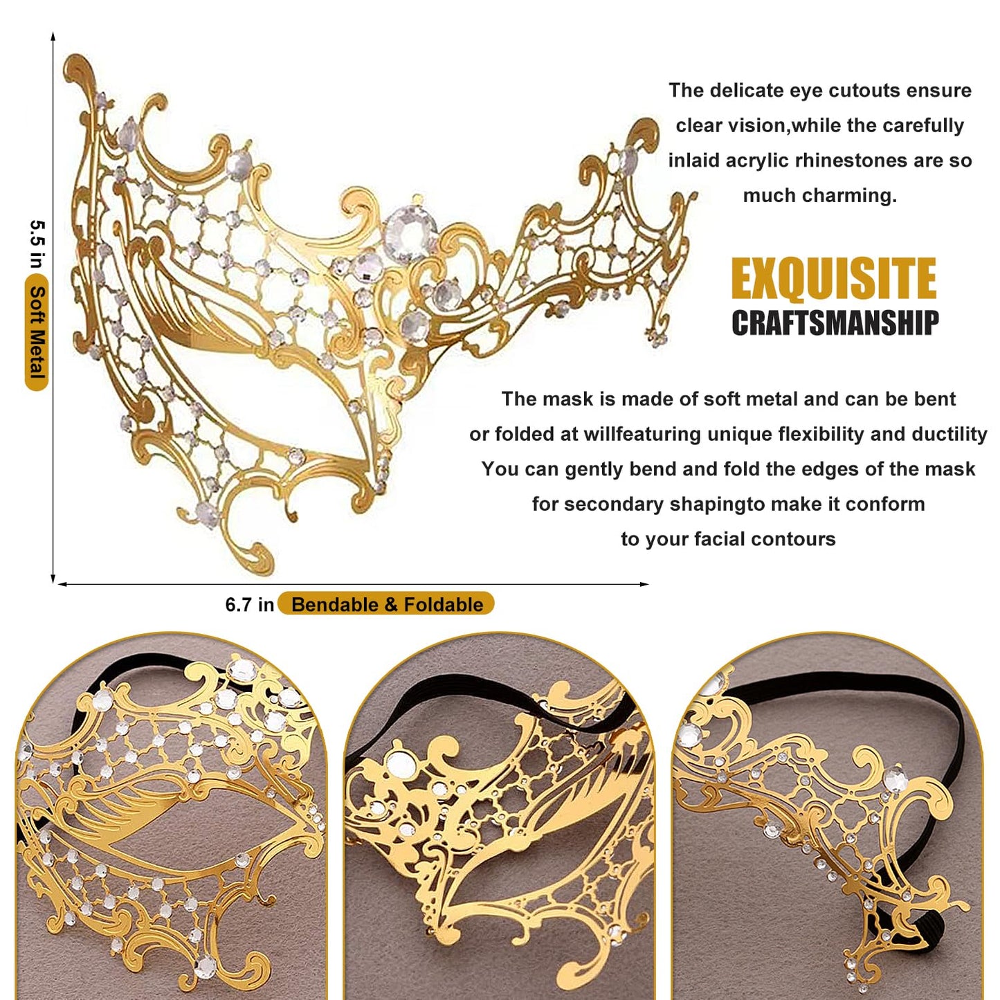 Rhinestone Metal Masquerade Mask for Women - Venetian Party Mask - Elegant Prom Ball Costume Accessory