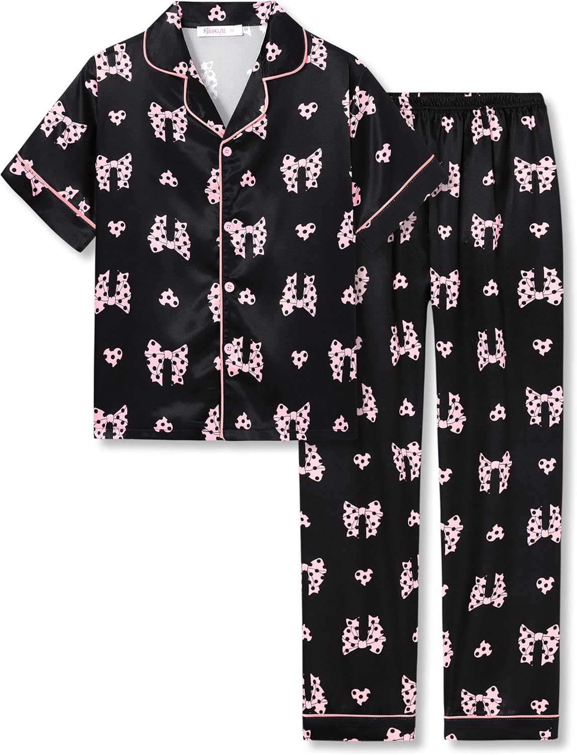 Girls Satin Pajama Set - Silky Button Down PJ with Shorts Size 6-16 Black & Pink Bows (Short Sleeve & Pants)