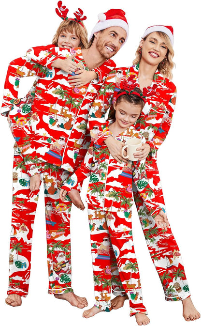 Christmas Family Matching Pajamas - Long Sleeve Button Down PJ Set Red Vacation
