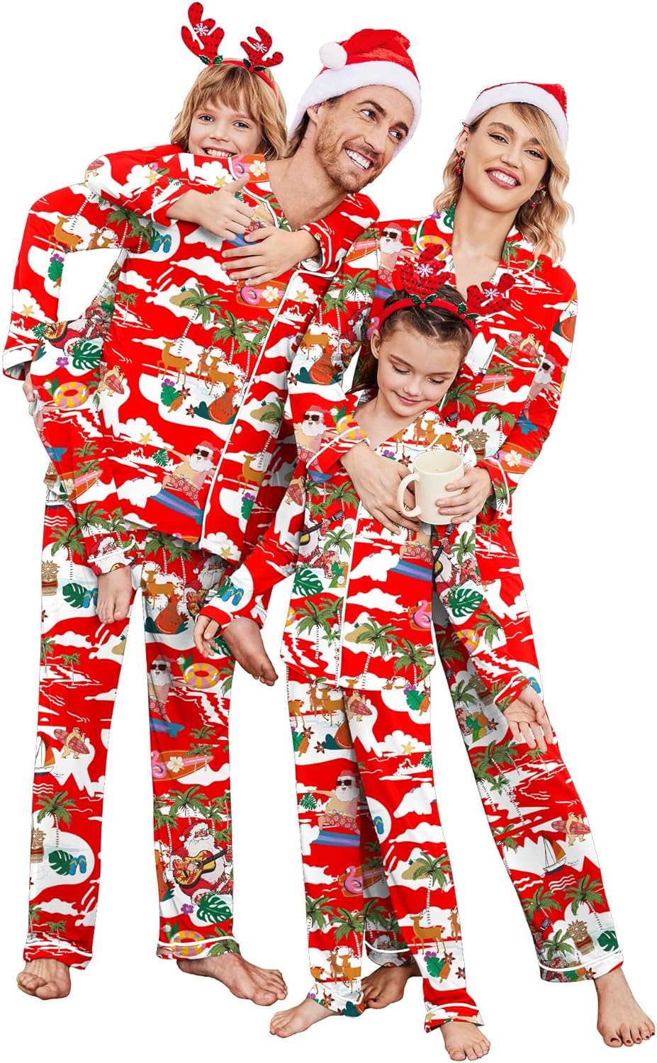 Christmas Family Matching Pajamas - Long Sleeve Button Down PJ Set Red Vacation