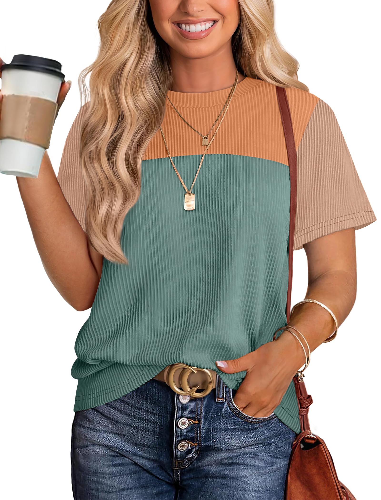 Women's Color Block Knit Shirt Short Sleeve Crewneck Top