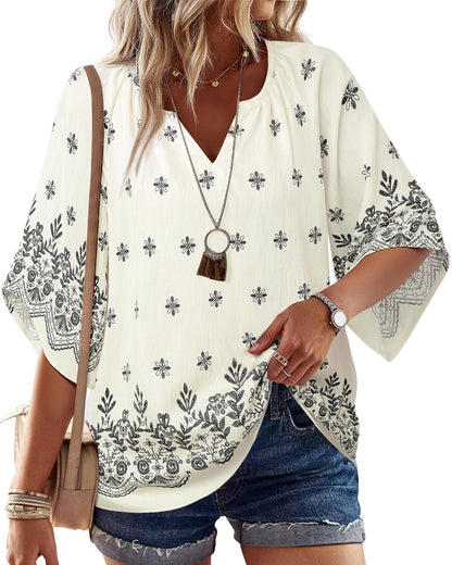 Big & Tall Clothing - Women's 3/4 Sleeve V-Neck Bohemian Peasant Blouse Loose Fit Tunic Top