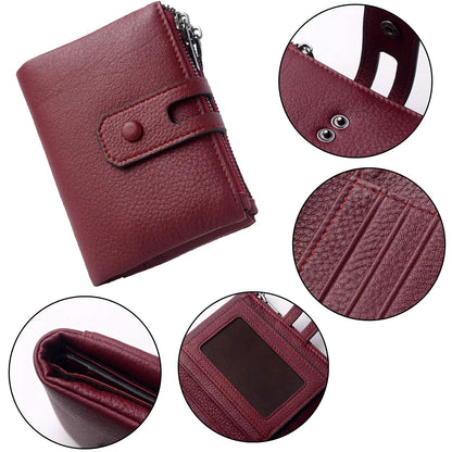 Women Leather Wallet - Small RFID Blocking Card Holder with Double Zipper
