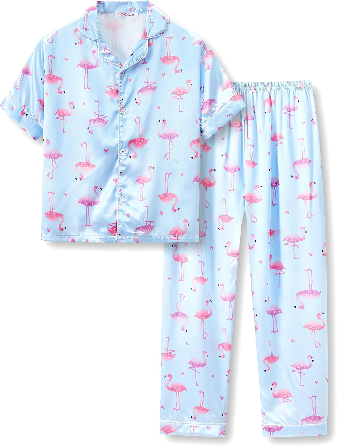Girls Satin Pajama Set - Silky Button Down PJ with Shorts Size 6-16 Blue Flamingo (Short Sleeve & Pants)