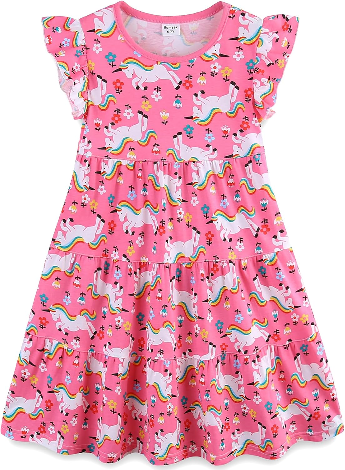 Bumeex Girl's Dresses Cotton Ruffle Sleeve Tiered Swing A-Line Cute Midi Casual Sundress Pink Unicorn#2