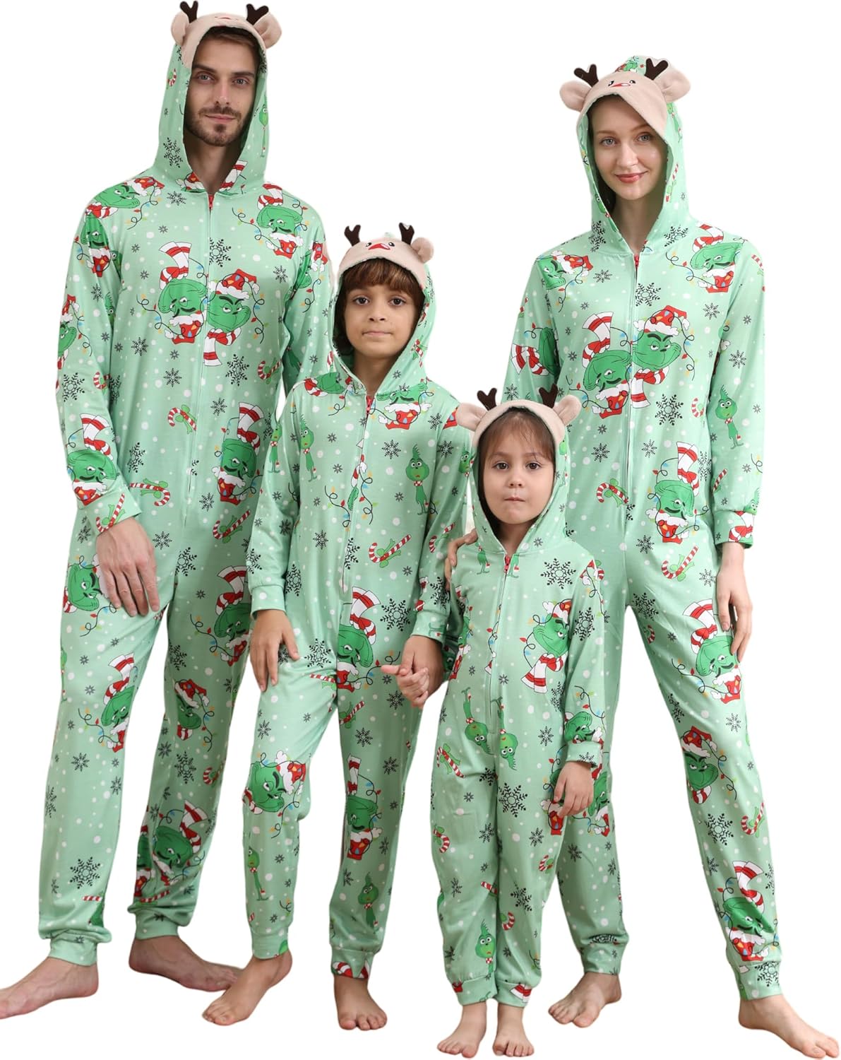 Matching Christmas Onesies for Family - Zip Up One-Piece Holiday Pajamas Light Green