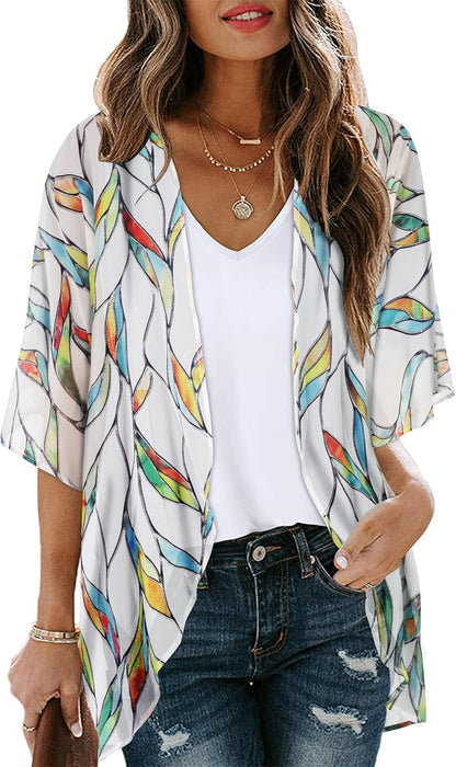Floral Print Kimono Cardigan Women Puff Sleeve Cover Up Casual Blouse Loose Top Small White Colorful Leaves