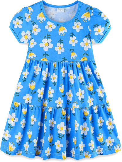 Girls Cotton Dress - Ruffle Sleeve Tiered A-Line Midi Sundress Blue Sunflower Print