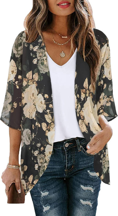 Floral Print Kimono Cardigan Women Puff Sleeve Cover Up Casual Blouse Loose Top Black Khaki Floral