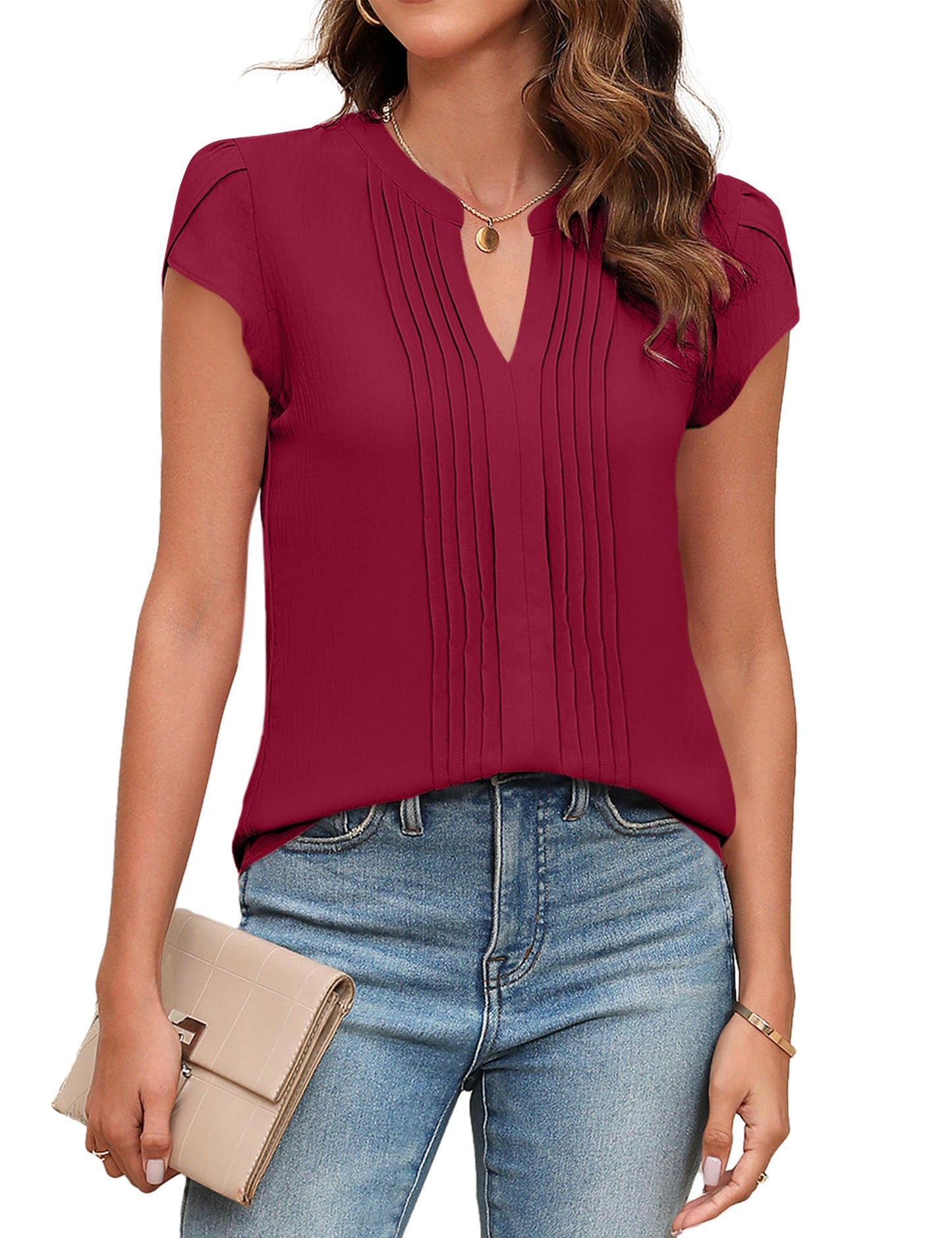 Beautiful Blouses For Ladies - Women's V-Neck Blouse with Pintuck Detail Short Petal Sleeve Business Top Crimson