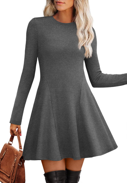 Women's Sweater Dress - Long Sleeve Ribbed Knit Fit and Flare A-Line Dress