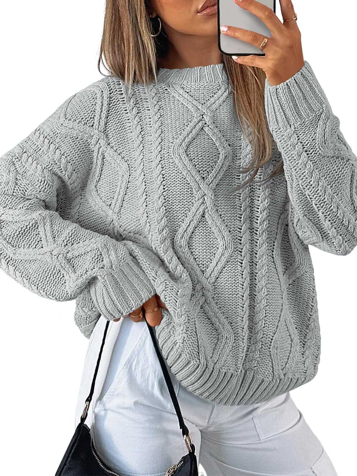 Women's Oversized Cable Knit Crewneck Sweaters - Cozy Fall Pullover Heather Grey