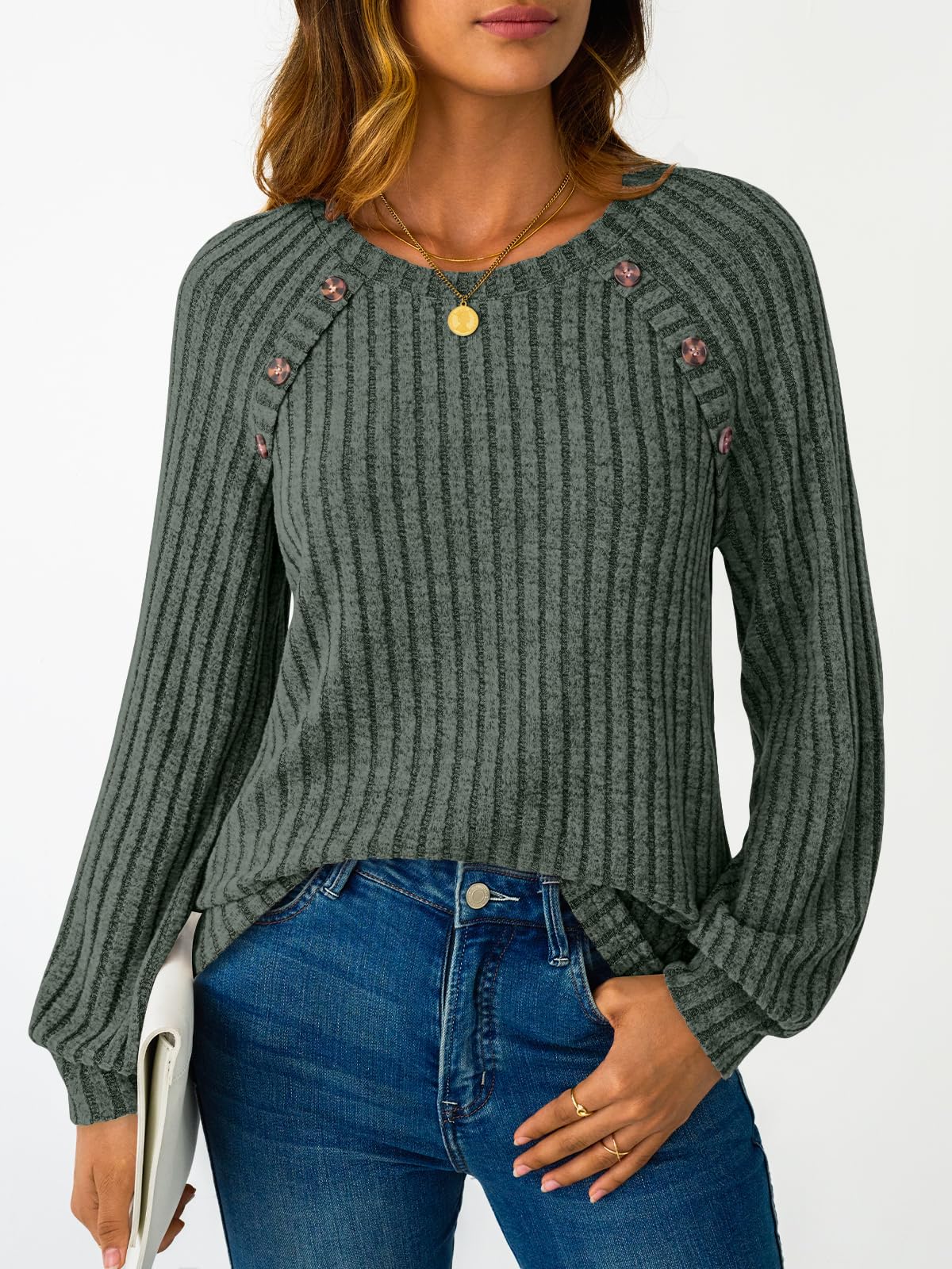 Women's Long Sleeve Tops - Fall Lightweight Sweaters with Shoulder Buttons