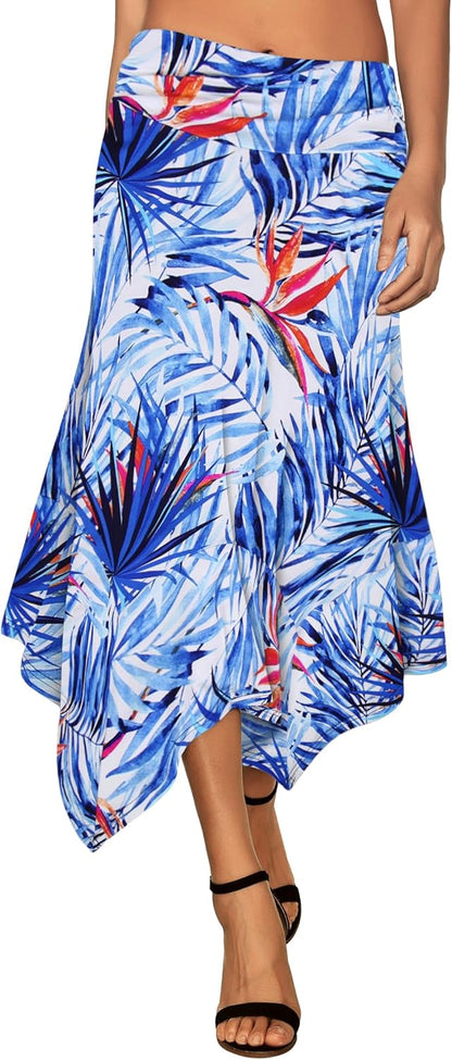 Women's Flowy Handkerchief Hemline Midi Skirt - Elastic Waist Asymmetrical Hem