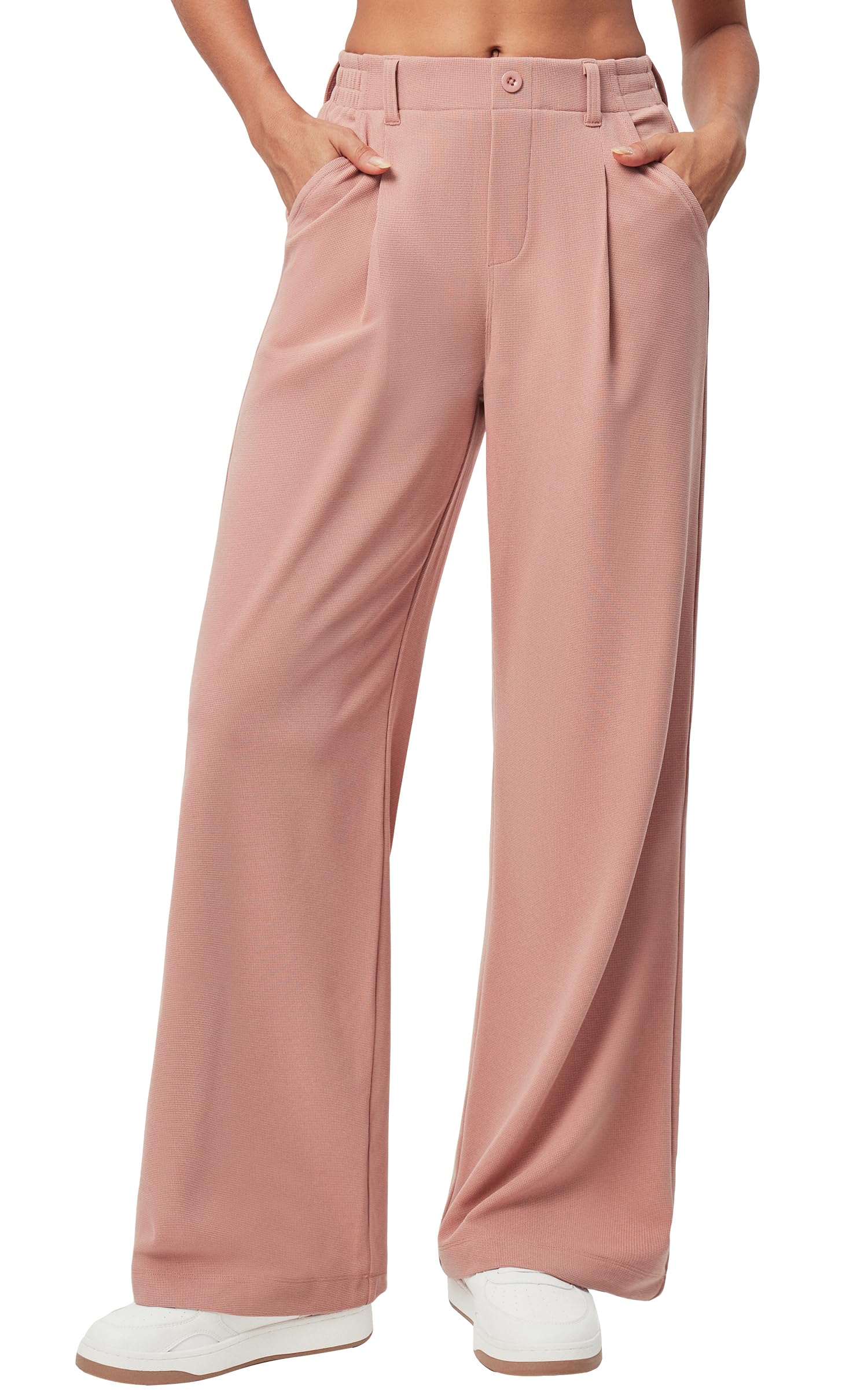 Women's Wide Leg Work Pants - Stretchy Pull-On Business Casual Trousers with Pockets