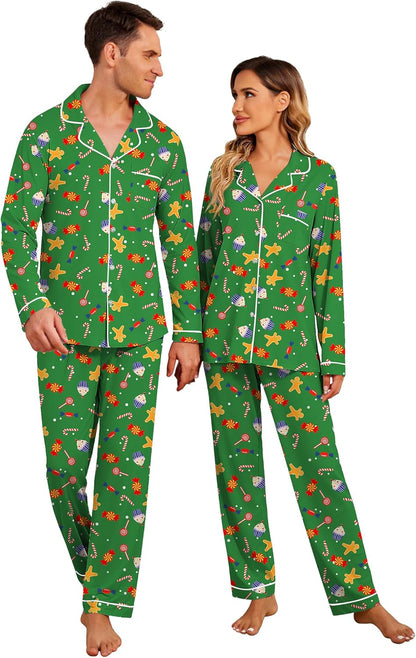 Christmas Family Matching Pajamas - Long Sleeve Button Down PJ Set Medium Green Suagr Women