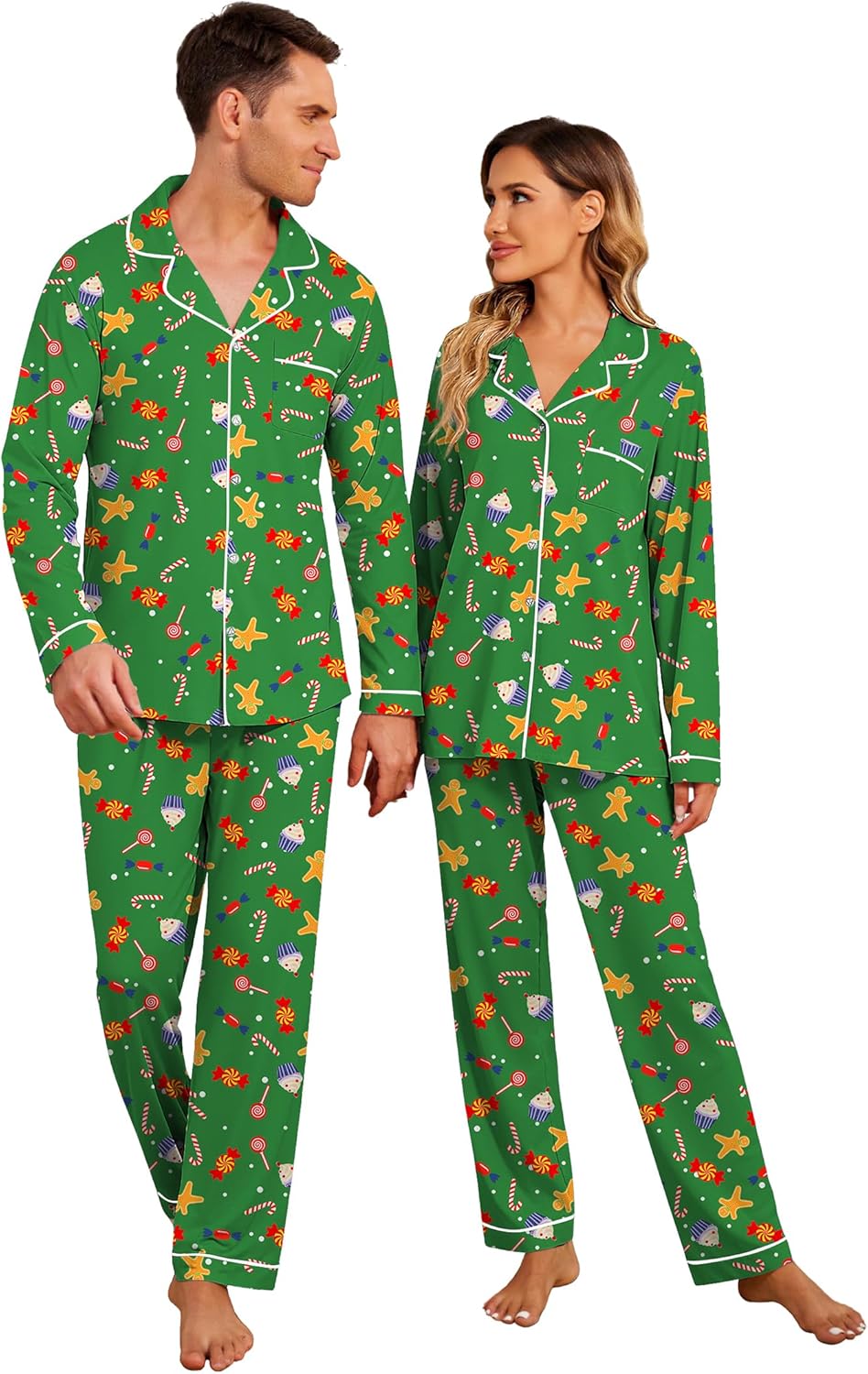 Christmas Family Matching Pajamas - Long Sleeve Button Down PJ Set Medium Green Suagr Women