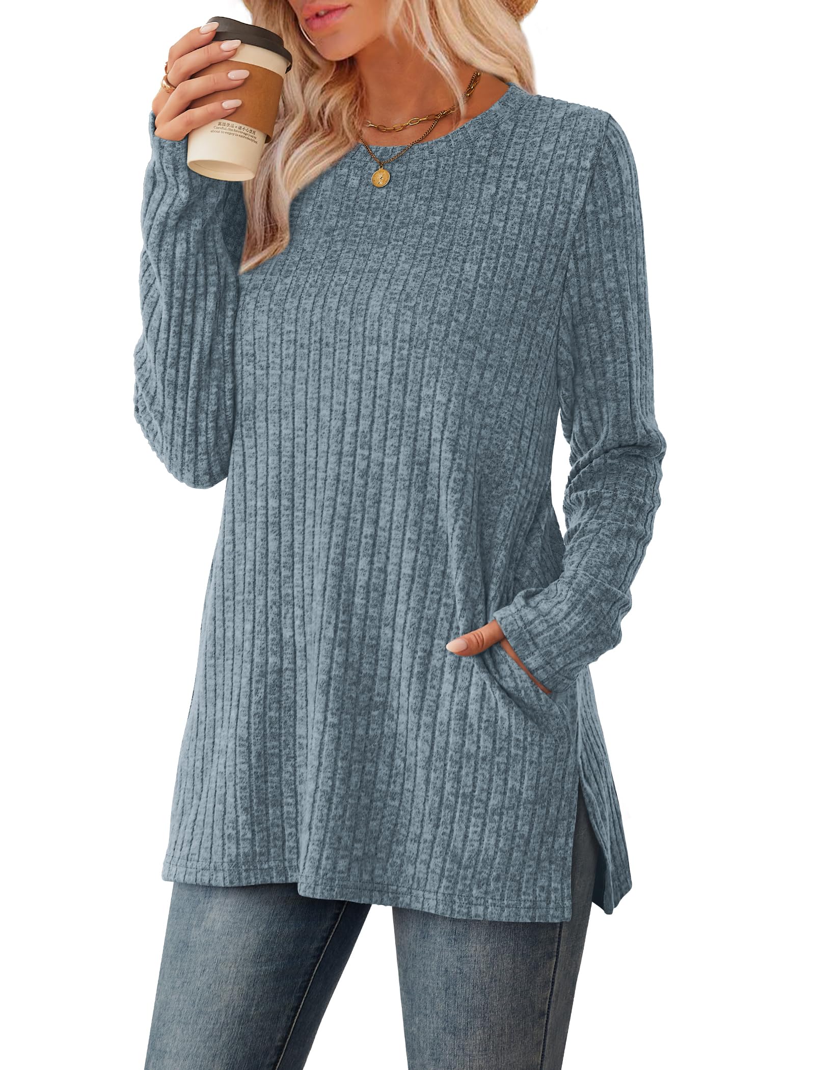 Women's Crewneck Sweater with Pockets - Long Sleeve Tunic Top with Side Slits