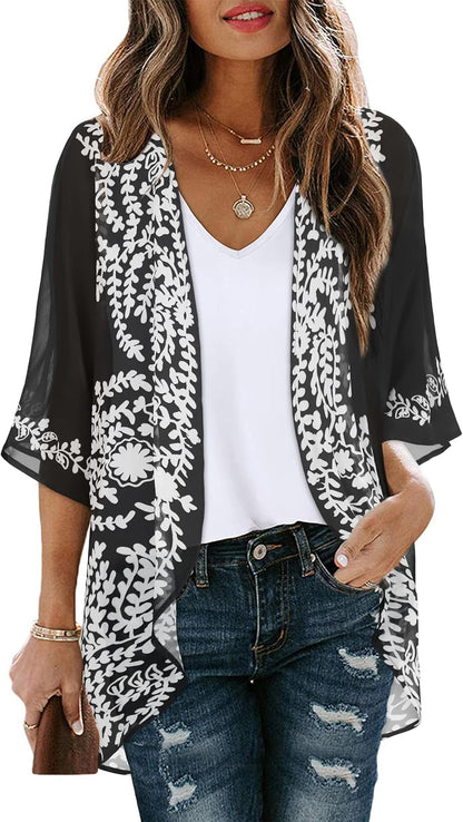 Floral Print Kimono Cardigan Women Puff Sleeve Cover Up Casual Blouse Loose Top C Black Flower