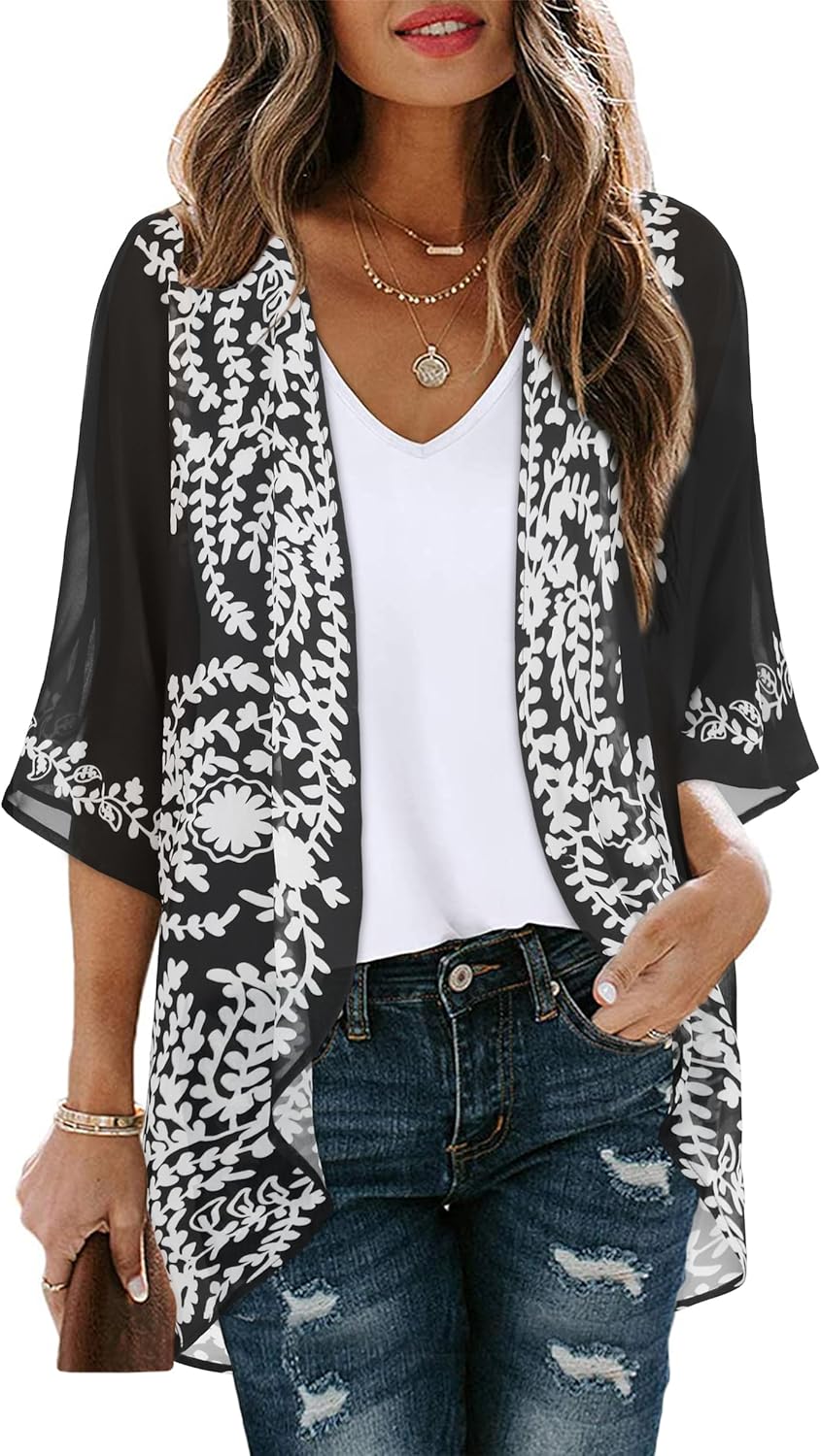 Floral Print Kimono Cardigan Women Puff Sleeve Cover Up Casual Blouse Loose Top C Black Flower