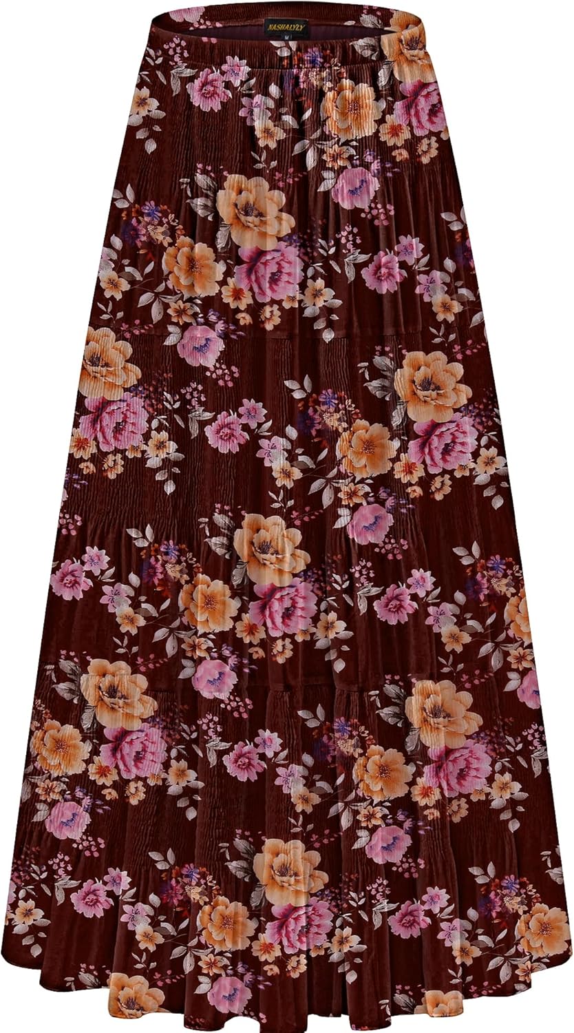Chiffon Maxi Skirt for Women - High Waist Pleated A-Line Flared Long Skirt Wine Red Floral