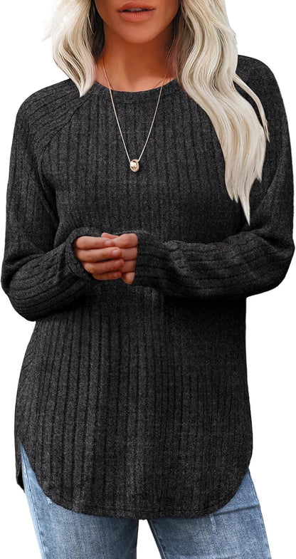 Long Sleeve Tunic Top for Women - Loose Fit Pullover with Curved Hem Dark Grey