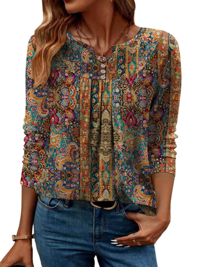 Women Long Sleeve V Neck Blouse - Casual Dressy Work Tunic Top with Pleated Detail 2025 A01-ethnic Style