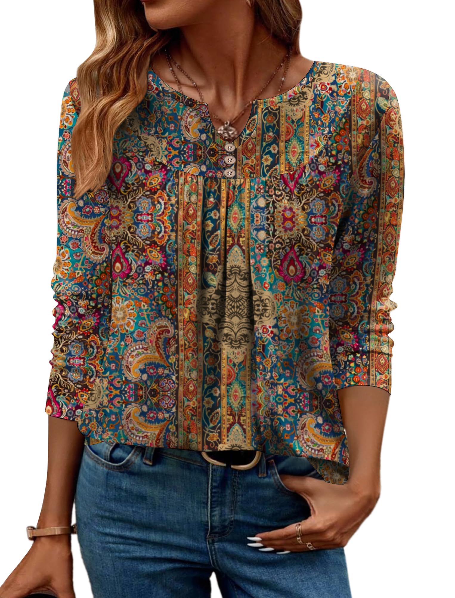 Women Long Sleeve V Neck Blouse - Casual Dressy Work Tunic Top with Pleated Detail 2025