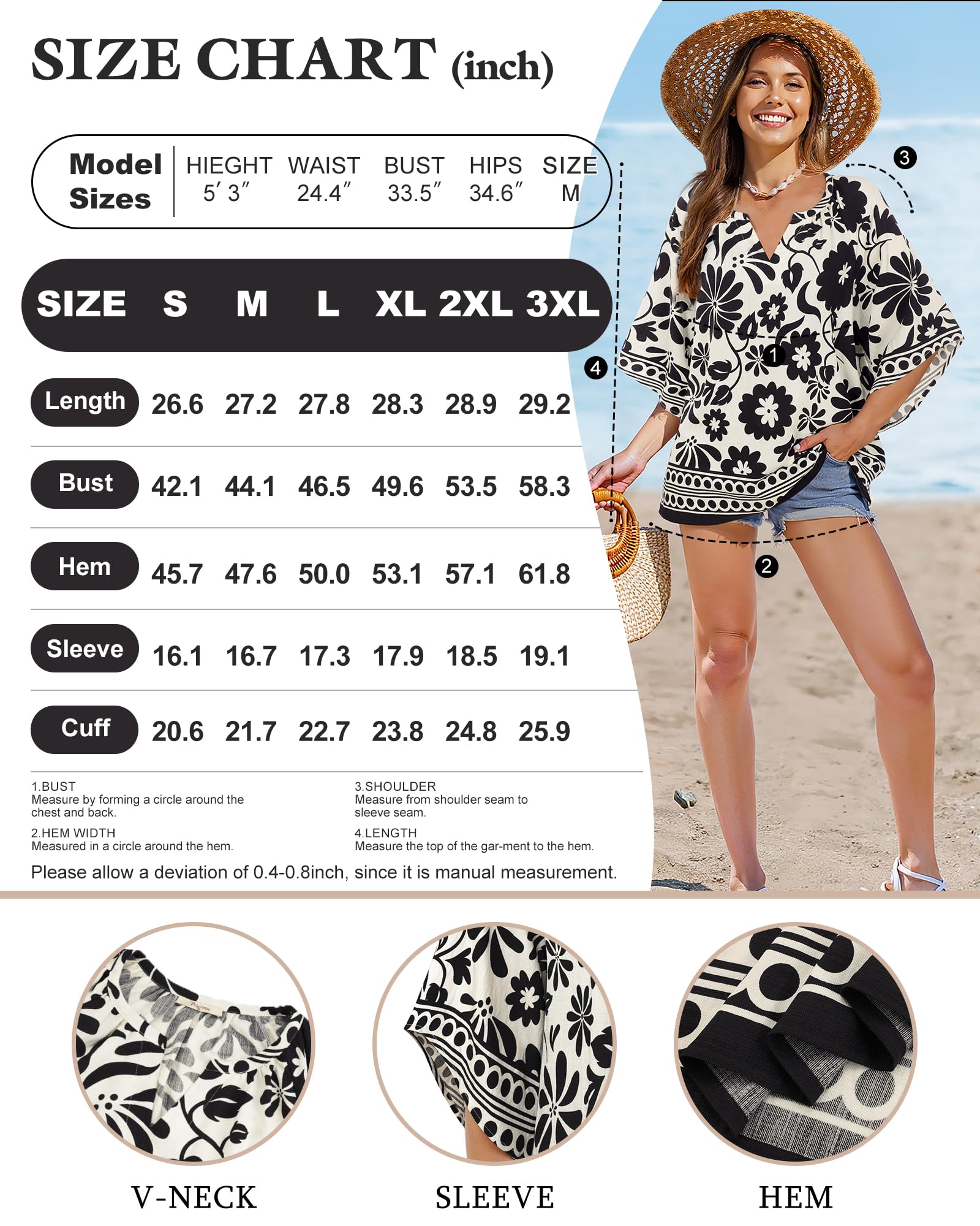 Big & Tall Clothing - Women's 3/4 Sleeve V-Neck Bohemian Peasant Blouse Loose Fit Tunic Top