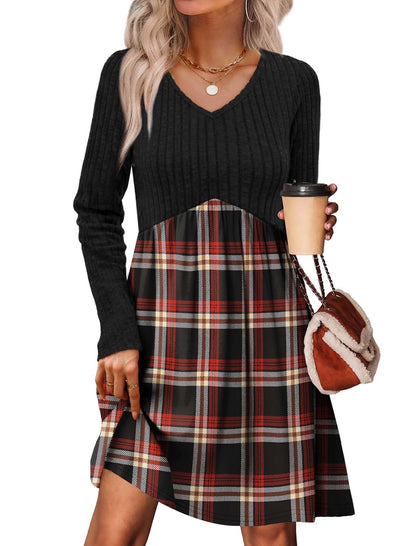 Women's Long Sleeve Sweater Dress - V Neck Empire Waist Babydoll Dress with Pockets T-red Black Plaid