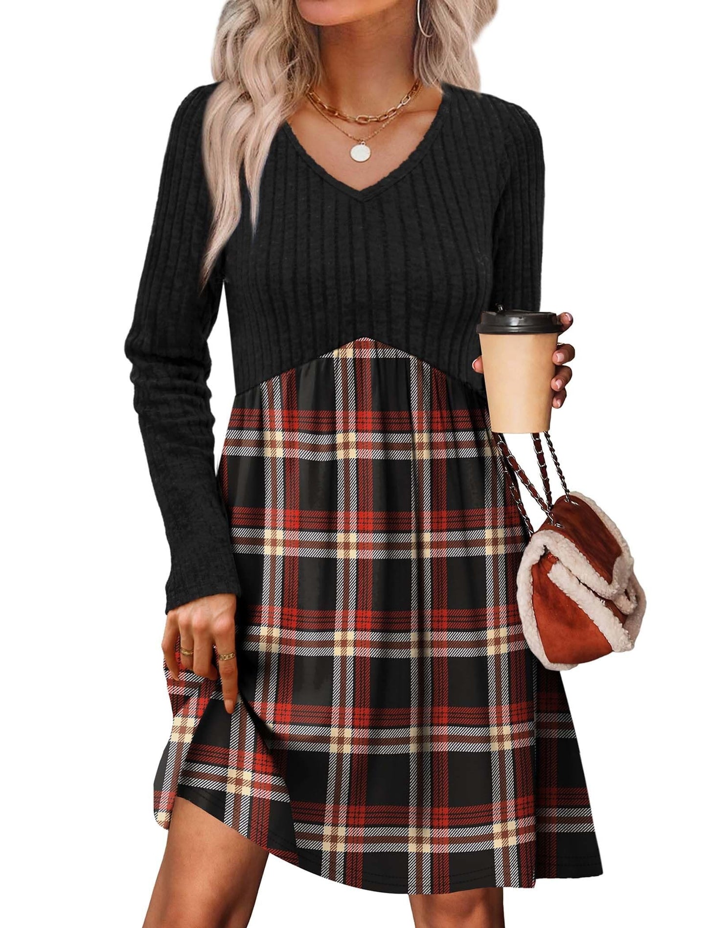 Women's Long Sleeve Sweater Dress - V Neck Empire Waist Babydoll Dress with Pockets T-red Black Plaid