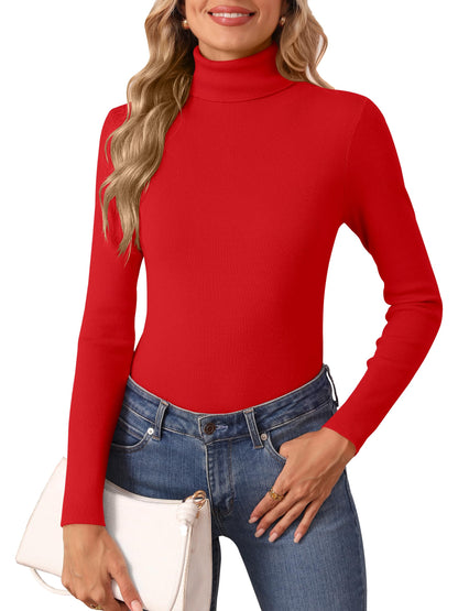 Women's Turtleneck Long Sleeve Shirt - Thermal Underwear Top for Fall Winter Red