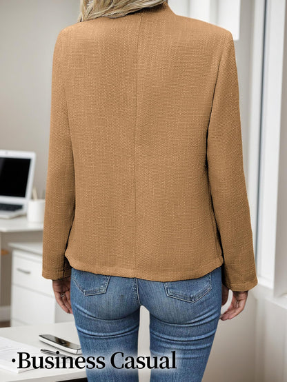 Women's Tweed Blazer Jacket - Open Front Stand Collar Professional Work Coat