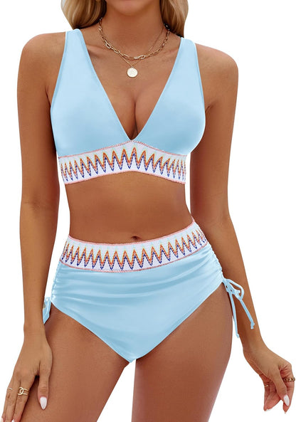 High Waisted Bikini Set - Tummy Control Color Block Two Piece Swimsuit with Drawstring Small Light Blue 032