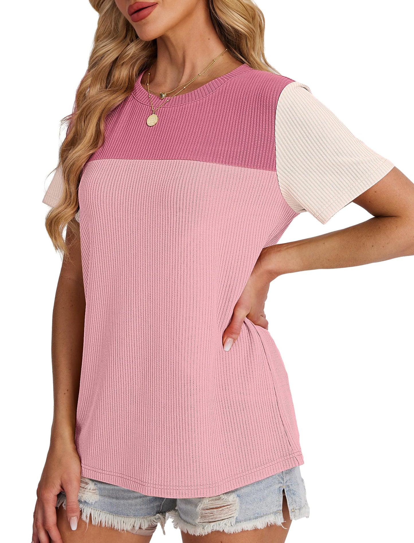 Women's Color Block Knit Shirt Short Sleeve Crewneck Top