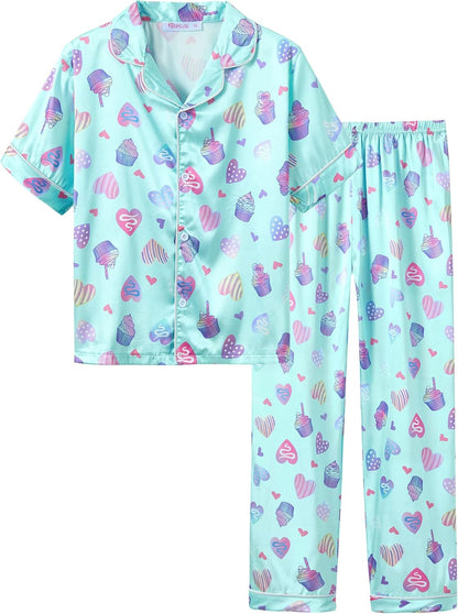 Girls Satin Pajama Set - Silky Button Down PJ with Shorts Size 6-16 Blue Cupcake (Short Sleeve & Pants)