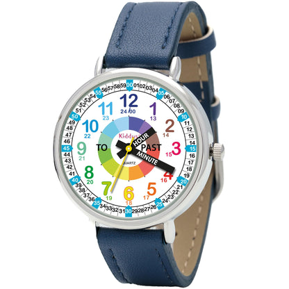 Kids Time Teacher Watch - Educational Analog Watch with Japanese Quartz Movement Ages 5-12 A. English Handles 06 Blue Pu Leather Band