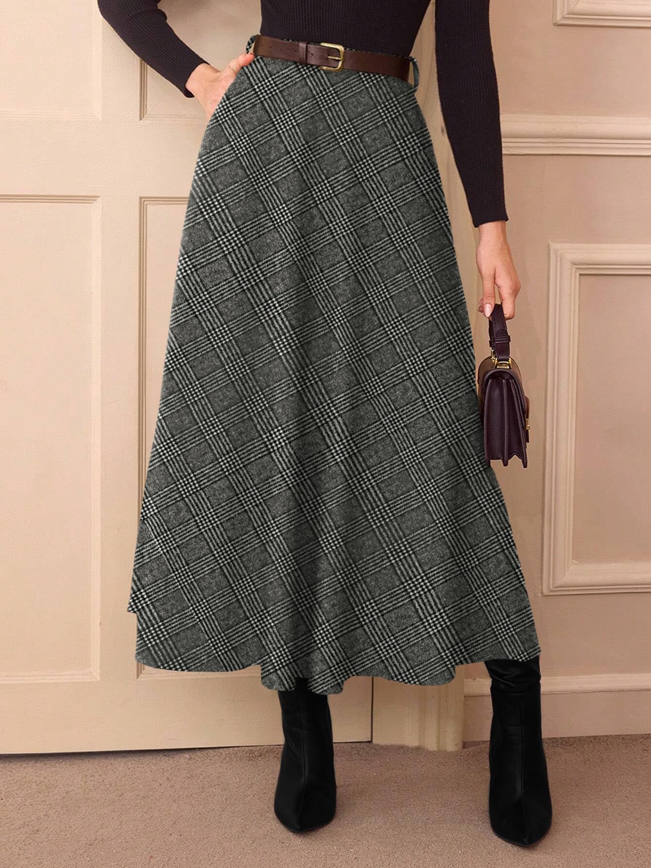 Women's Plaid Skirts - High Waist A-Line Midi Tartan Skirt with Pockets