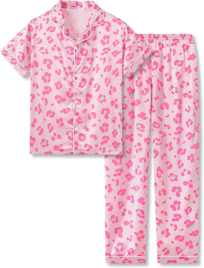 Girls Satin Pajama Set - Silky Button Down PJ with Shorts Size 6-16 8 Beige & Pink Leopard(short Sleeve & Pants)