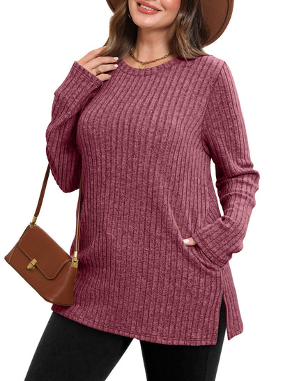 Women's Crewneck Sweater with Pockets - Long Sleeve Tunic Top with Side Slits