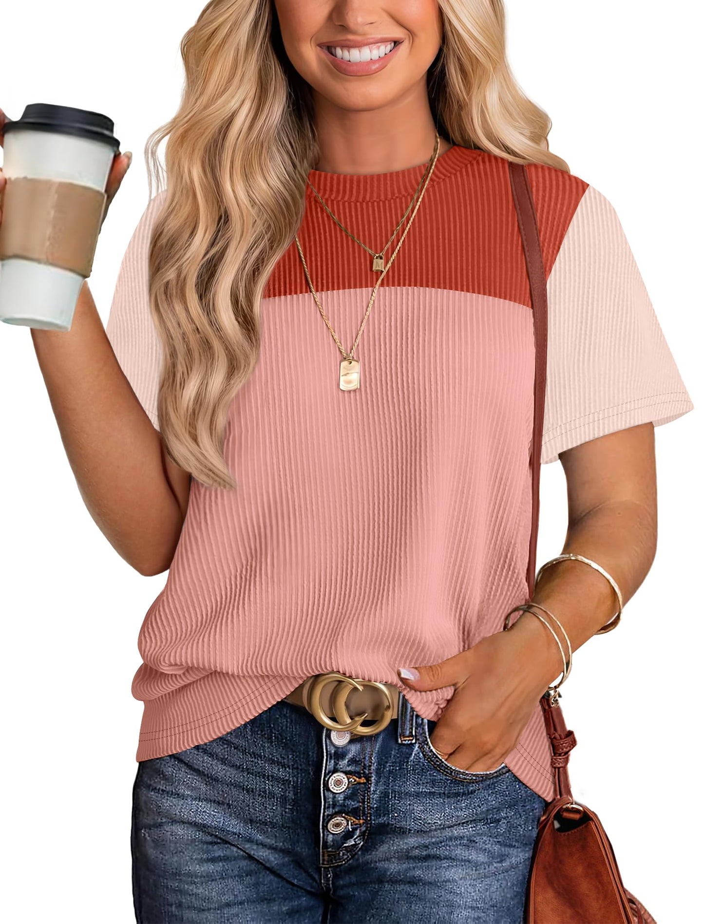 Women's Color Block Knit Shirt Short Sleeve Crewneck Top Light Coral