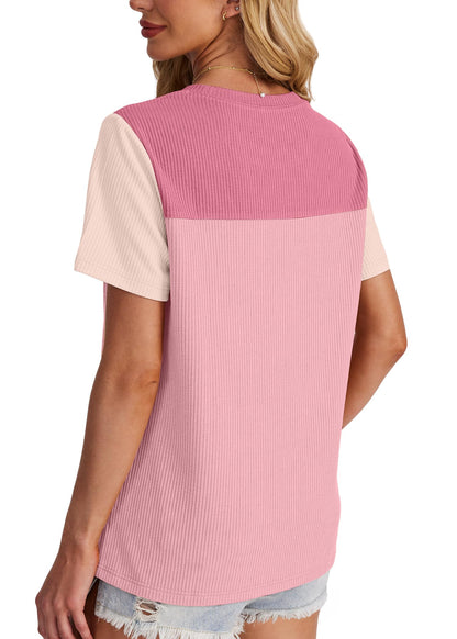 Women's Color Block Knit Shirt Short Sleeve Crewneck Top