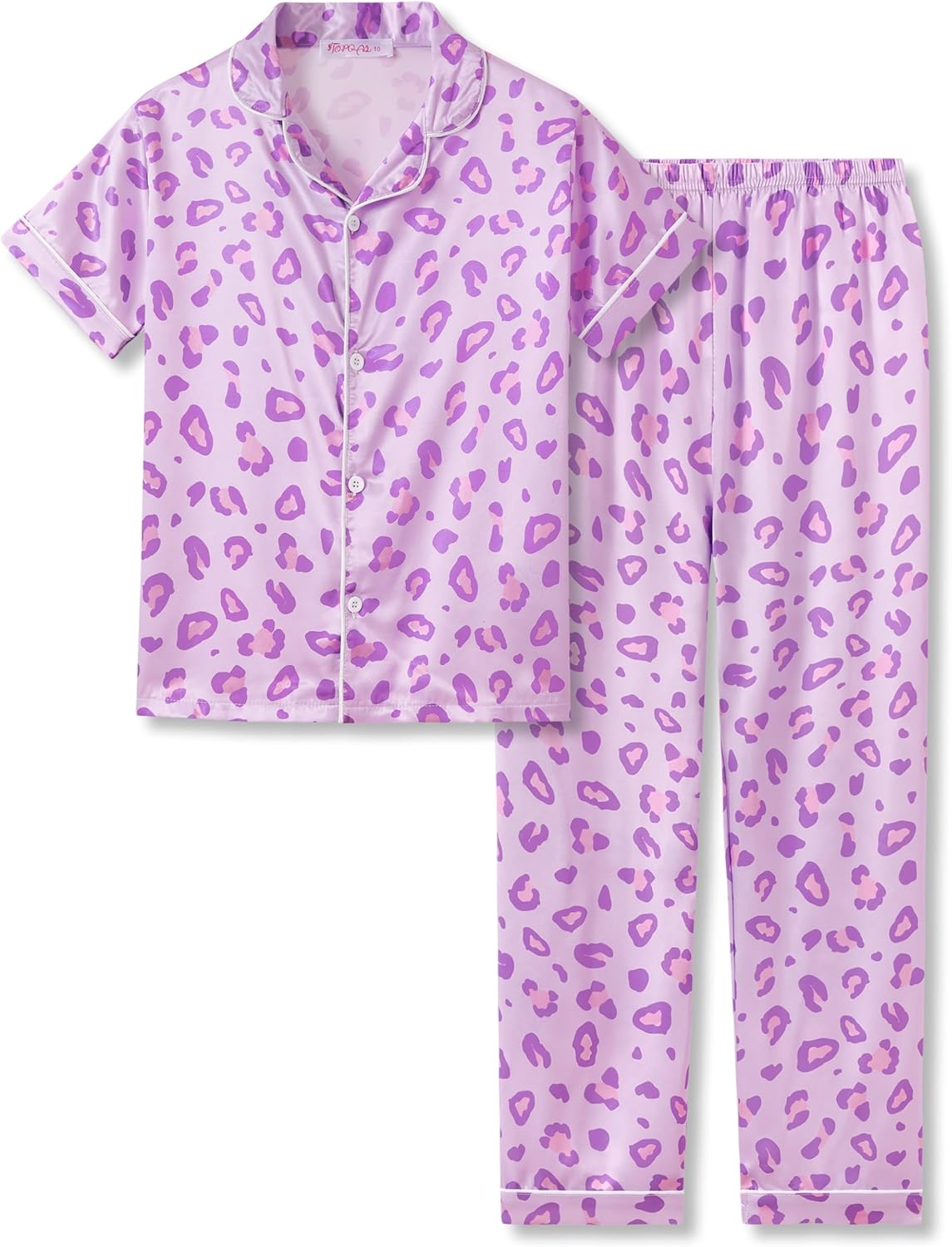 Girls Satin Pajama Set - Silky Button Down PJ with Shorts Size 6-16 6-7 Purple & Pink Leopard(short Sleeve & Pants)
