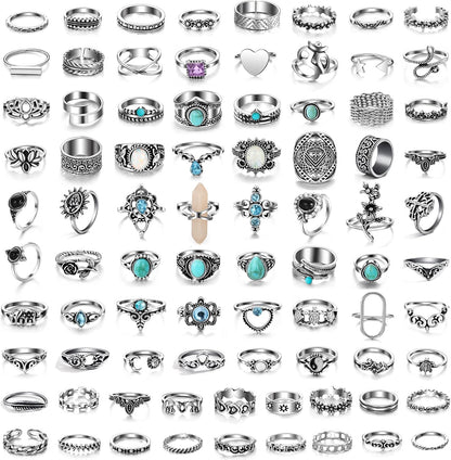 Vintage Silver Knuckle Rings Set 42 Pieces Adjustable Gothic Stackable Rings 85